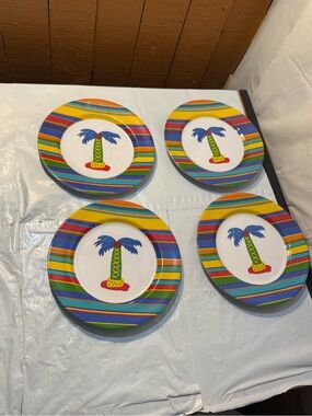 set of 4 round melamine plates tropical palm tree